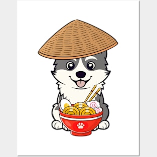 Funny husky dog is eating noodles Posters and Art